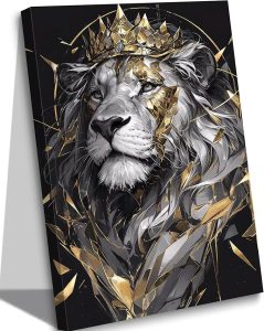 Lion King Canvas Wall Art Man's Cave Poster Prints Crown Lion Pictures Modern Abstract Black Gold Animal Painting Wall Decor Living Room for Men's Bedroom Office 12x16in Framed - Leo Canvas for men