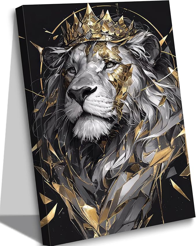 Lion King Canvas Wall Art Man's Cave Poster Prints Crown Lion Pictures Modern Abstract Black Gold Animal Painting Wall Decor Living Room for Men's Bedroom Office 12x16in Framed - Leo Canvas for men