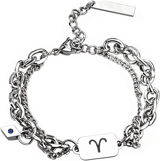 Zodiac Bracelet for Men Women, Adjustable Stainless Steel Constellation Signs Double Chain Link Bracelets, Zodiac Jewelry Gift for Birthdays, Valentine's Day, Lovers, Anniversaries - Aries Bracelet for men