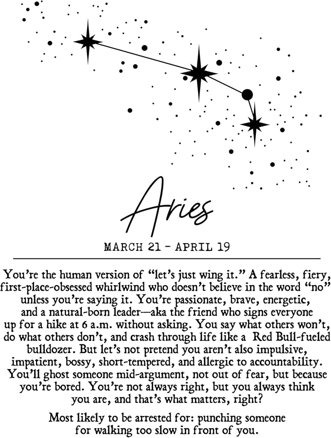 Aries Zodiac Wall Art Print – Snarky & Funny 11x14 Unframed Astrology Poster with Constellation & Traits – Bold Horoscope Decor for Aries Women & Men – Comedic Gift for Fire Sign Birthdays. - Aries for men
