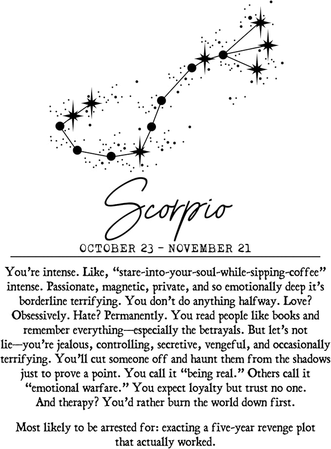 Scorpio Zodiac Wall Art Print – Snarky & Funny 11x14 Unframed Astrology Poster with Constellation & Savage Traits – Dark Humor Scorpio Gift for Women or Men – Horoscope Satire Home Decor - Scorpio Canvas for men