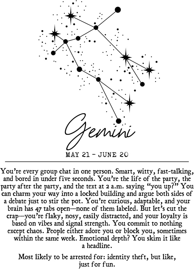AMERICAN LUXURY GIFTS Gemini Zodiac Wall Art Print – Funny 11x14 Unframed Astrology Poster with Constellation & Funny Gemini Traits – Celestial Horoscope Decor for Bedroom, Dorm, or Office - Pisces Home Decor for men