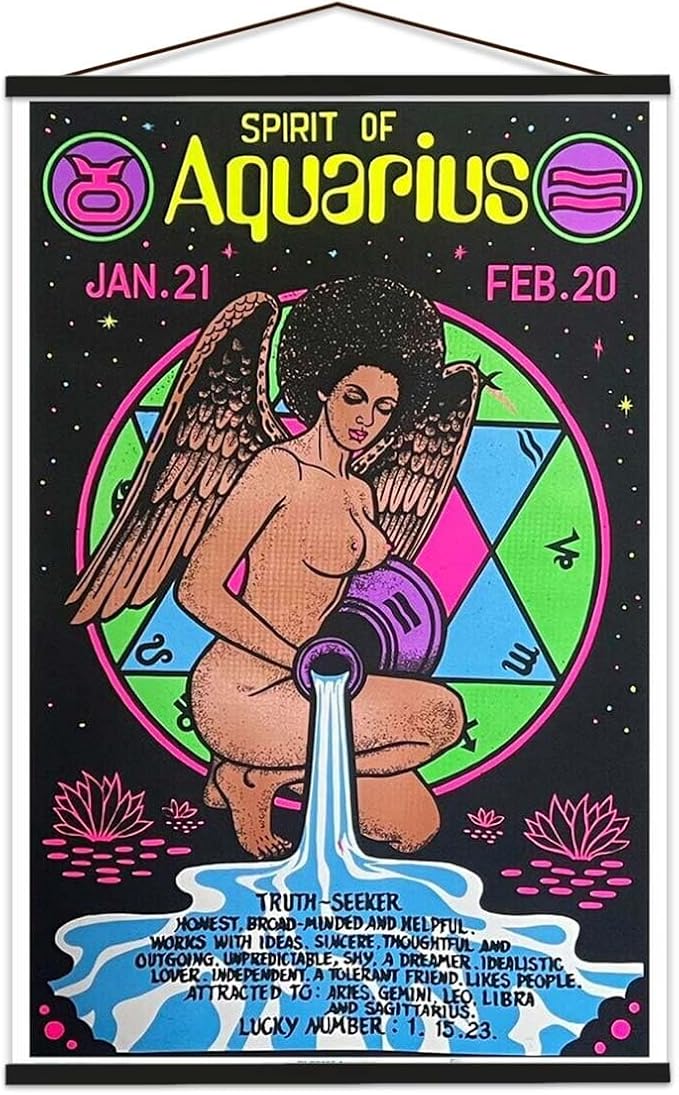 Aquarius Zodiac Sign - Flocked - Astrology Blacklight Poster - 23" x 35" with Poster Hanger Black Color - Aries Poster for men