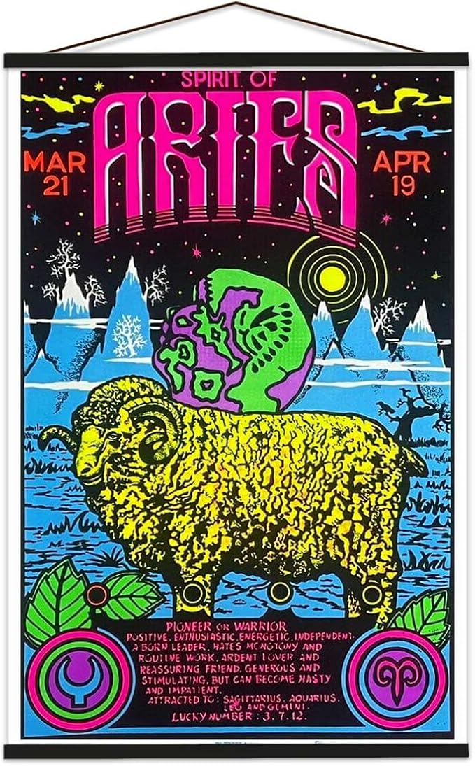 Aries Zodiac Sign - Flocked - Astrology Blacklight Poster - 23" x 35" with Poster Hanger Black Color - Aries Poster for men