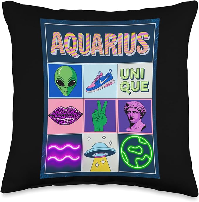 Aquarius Zodiac Unique Vibrant PopArt Alien Vibes Throw Pillow - Aquarius Pillow for men