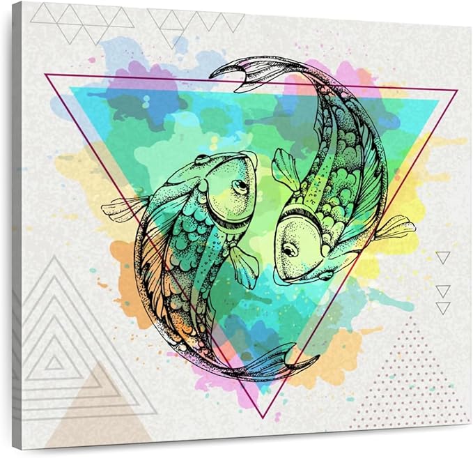 ElephantStock - Geometric Pisces Wall Art - Square Canvas Wall Art - Living Room Wall Decor - Watercolor Religion And Spirituality Canvas Art - Beige And Blue Decor - 10" x 10" - Pisces Canvas for men