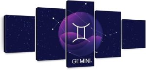 ElephantStock - Gemini Sign Wall Art - Horizontal Multi Panel Canvas - 5 Piece Living Room Wall Decor - Digital Art Religion And Spirituality Multi Piece Wall Art - Blue And Purple Decor - 55" x 24" - Gemini Canvas for men