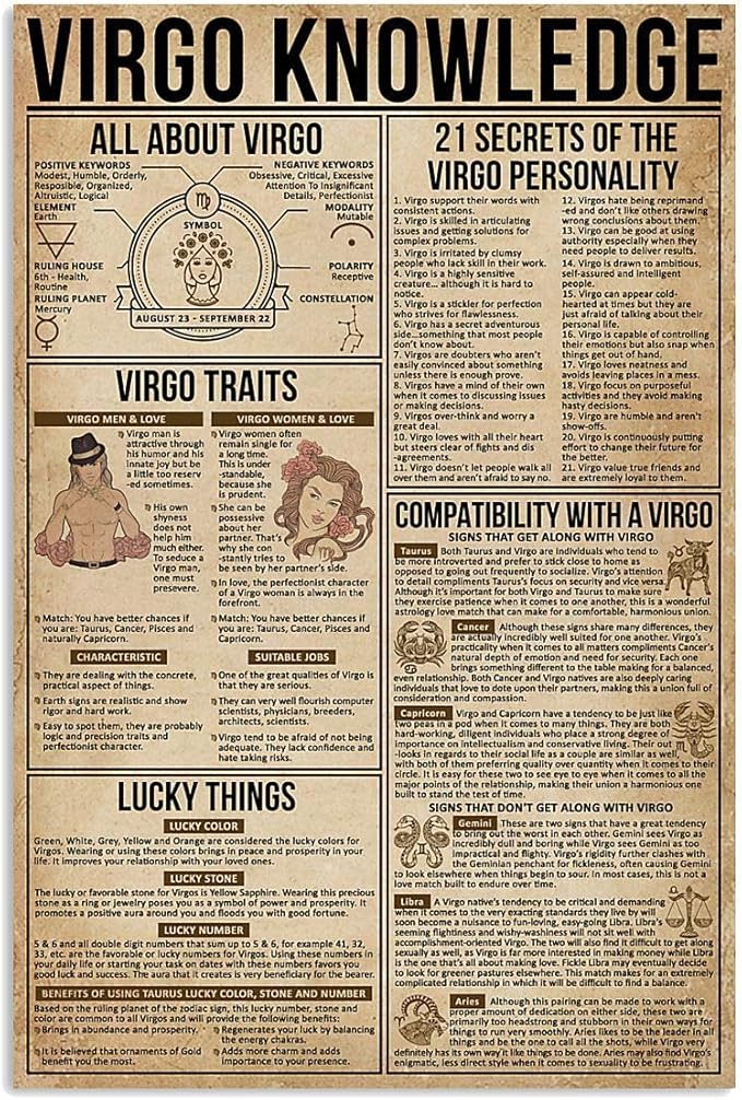 Vintage Style Tin Sign Virgo Knowledge Twelve Constellation Guide Study Zodiac Virgo Poster 6x8 Inches - Virgo Poster for men
