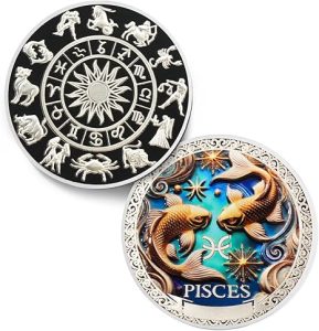 Cool Pisces 12 Zodiac Challenge Coin - Twelve Constellations Pisces Protective Talisman Coin - Divination Good Luck Charms Tarot Coin - Meaningful Star Sign Collectible Gifts for Men Women Friend Kid - Pisces for men