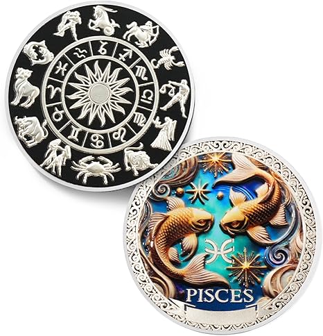 Cool Pisces 12 Zodiac Challenge Coin - Twelve Constellations Pisces Protective Talisman Coin - Divination Good Luck Charms Tarot Coin - Meaningful Star Sign Collectible Gifts for Men Women Friend Kid - Pisces for men