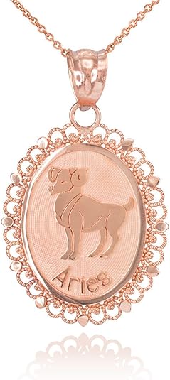 10K Horoscope Filigree Oval Zodiac Sign Astrology Symbol Pendant Necklace - Available In Yellow, Rose, or White Gold - Aries Necklace for men