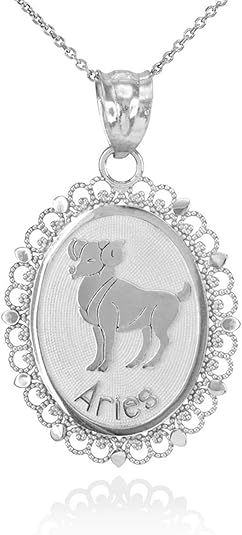 14K Horoscope Filigree Oval Zodiac Sign Astrology Symbol Pendant Necklace - Available In Yellow, Rose, or White Gold - Aries Necklace for men