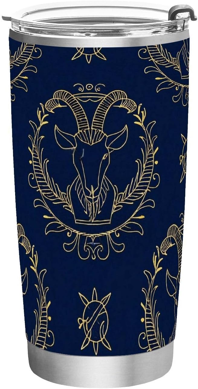 Gold Zodiac Sign Aries Navy Blue Stainless Steel water bottle with straw Leak-proof Lid and Straw insulated travel coffee mug for Home, Office or Car Aesthetic tumbler with lid and straw 20 OZ - Aries Mug for men