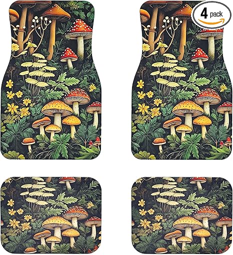 Artistic Fabric Car Floor Mats-Non-Slip Rubber Backing,Mushroom,Front (26.8x17.3in) & Rear (13x17.3in) Set-Water Absorbing, Durable Automotive Floor Liners with Stylish Patterns - Aries Car Floor Mat for men