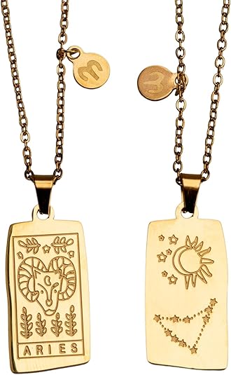 Zodiac Sign Necklace for Women Constellation Tarot Card Pendant Double Sided Gold Stainless Steel Waterproof NonTarnish Friendship Jewelry Gift Tarot and Astrolgy - Aries Necklace for men
