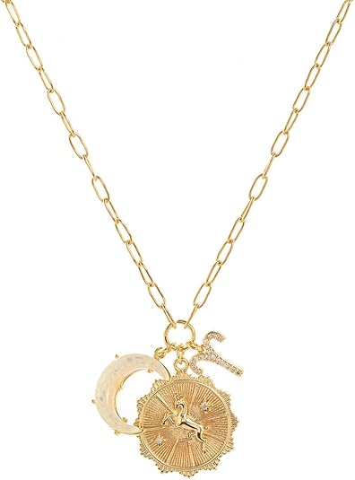 Zodiac Necklaces for Women,14K Gold Zodiac Sign Coin Necklace with Opal Crescent Moon 12 Constellation Astrology - Aries Necklace for men