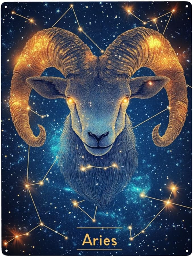 Aries of the Zodiac Signs Metal Tin Sign,Charm constellations art plaque poster wall decor,for office,studio,living room,bar,cafe,Garden,Ideal for family friends Gifts,6X8 inch - Aries Poster for men