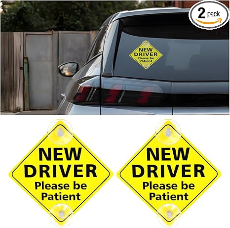 2PCS New Driver Car Sign, 5 x 5 Inch Please Be Patient Vehicle Window Sign Stickers with Suction Cups, Safety Warning Automotive Decal for Beginners Driving Learner, Universal Fit (Style 1) - Aries Sticker for men