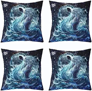 Aquarius Pillow Cover,Twelve Constellations Zodiac Double Sides Print Pillowcase Soft Square 18"x18" Cushion Case,Trippy Astrology Throw Pillow Cover Pack of 4 for Decoration - Aquarius Pillow for men