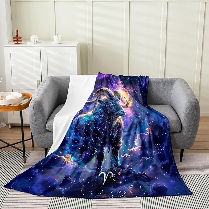 Twelve Constellations Zodiac Bed Blanket,Galaxy Nebula Star Starry Sky Flannel Blanket for Room Decor,Aries Bedding Set for Kids Adults Sofa Dorm Decor,Throw 50"x60" - Aries Blanket for men