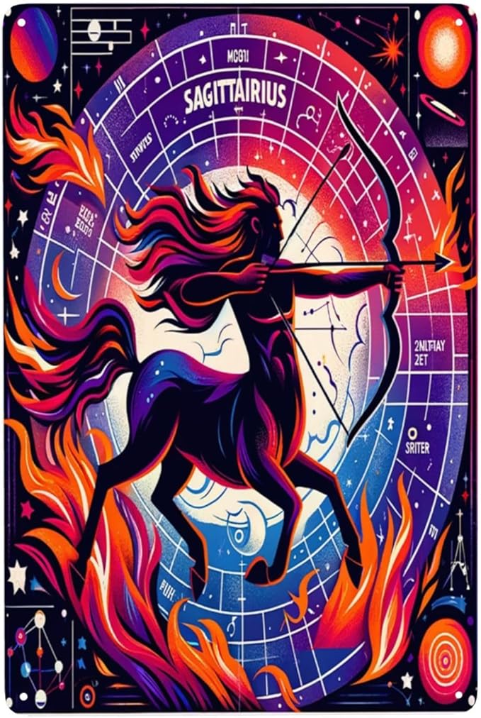 Sagittarius Badge Metal signs,Tin sign art wall decor,Exquisite artistic Tinplate plaque,Practical decorative poster,for Astrology Enthusiasts & Home Display,Stunning Artwork,8X12 inch - Sagittarius Home Decor for men