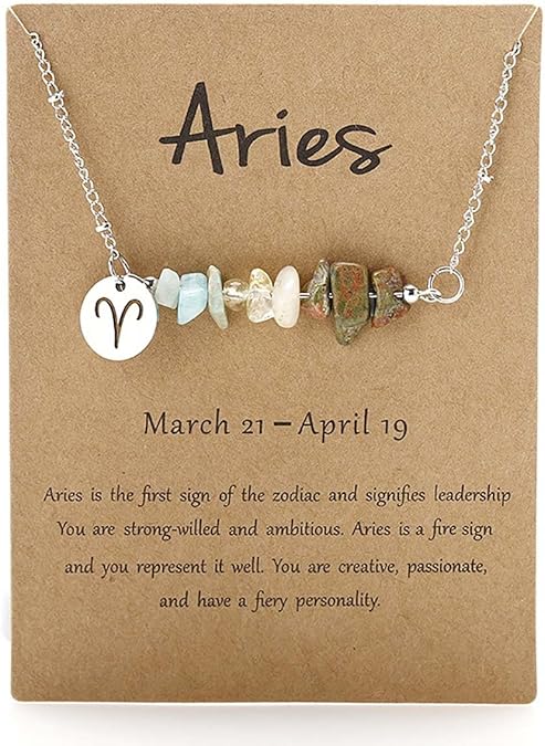 Crystal Necklace for Women – Natural Stone Beads, Zodiac Charm, Adjustable Silver Chain Jewelry - Aries Necklace for men
