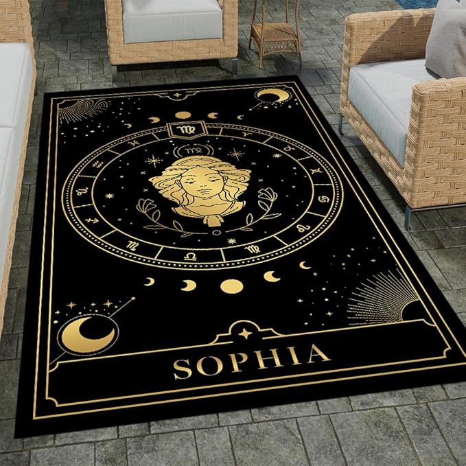 Sun Moon Zodiac Rug - Boho Celestial Black and White Constellations Rugs, Moonphrase mat Floor, Solar Stars Carpets Large Gothic Floor Mats for Bedroom Living Room Dining Room (Virgo) - Virgo Car Floor Mat for men