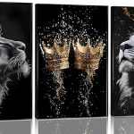 3 Pieces Lion Canvas Wall Art Golden crown with lion Poster print Modern Motivational Black And White Lion Pictures Wall Decor for Living room Office Decoration Unframed - Leo Canvas for men