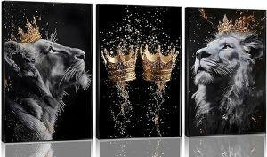 3 Pieces Lion Canvas Wall Art Golden crown with lion Poster print Modern Motivational Black And White Lion Pictures Wall Decor for Living room Office Decoration Unframed - Leo Canvas for men