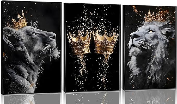3 Pieces Lion Canvas Wall Art Golden crown with lion Poster print Modern Motivational Black And White Lion Pictures Wall Decor for Living room Office Decoration Unframed - Leo Canvas for men