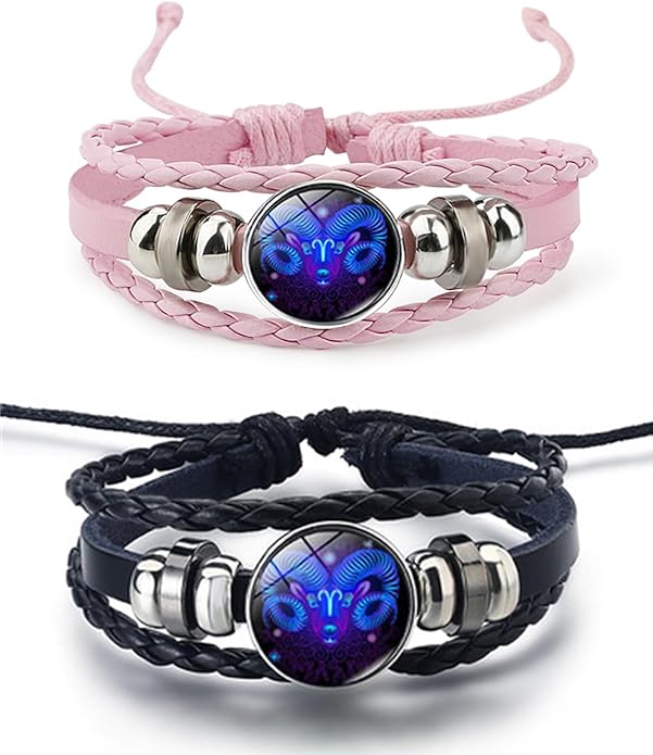 2Pcs Twelve Zodiac Leather Bracelet - Adjustable Zodiac Jewelry Accessory - Aries Bracelet for men