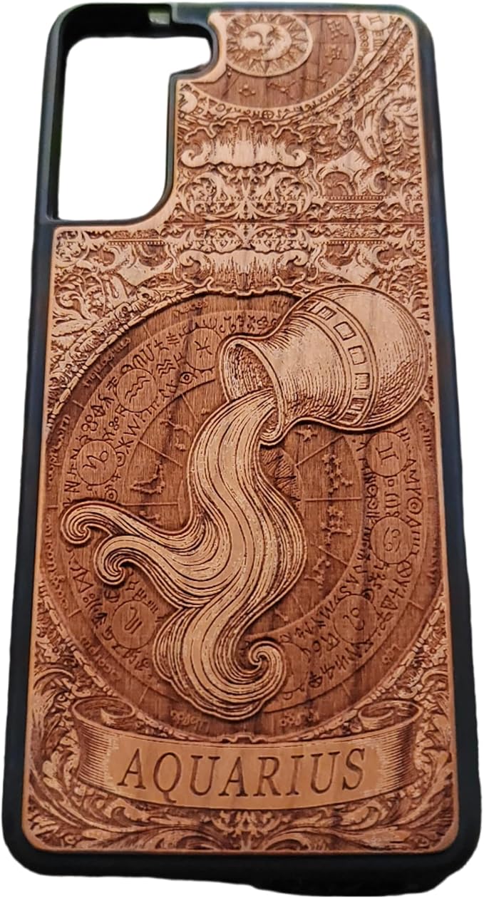 Aquarius Zodiac Wood Phone Case – Laser Engraved Horoscope Star Sign – Slim Protective Natural Wooden Cover – Compatible with iPhone 16, 15, 14 & Galaxy S25, S24 – Unique Gift for Astrology Lovers - Aquarius Phone Case for men