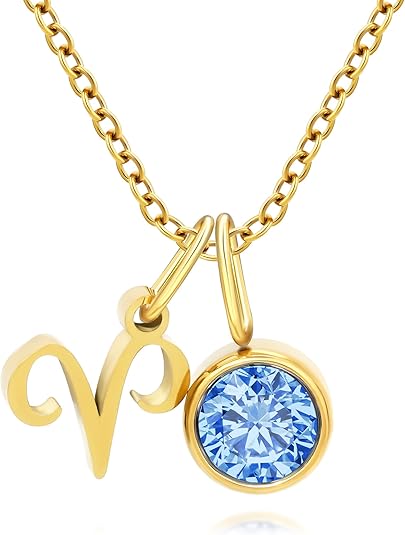 Initial Birthstone Necklace for Women - Personalized Gifts Birthday Gifts for Women Stainless Steel 18K Gold Plated Dainty Gold Zodiac Sign 12 Constellation Horoscope Necklace Jewelry - Aries Necklace for men