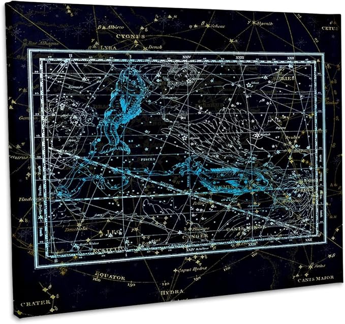 3dRose, Retro Star Map. Zodiac constellations of Pisces or fishes. Blue Color, Museum Grade Canvas Wrap 10x8 - Pisces Canvas for men