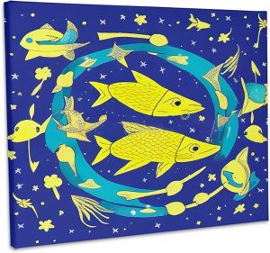 3dRose, Zodiac Sign Pisces Or Fishes In Yellow And Blue As Viewed By AI, Museum Grade Canvas Wrap 14x11 - Pisces Canvas for men