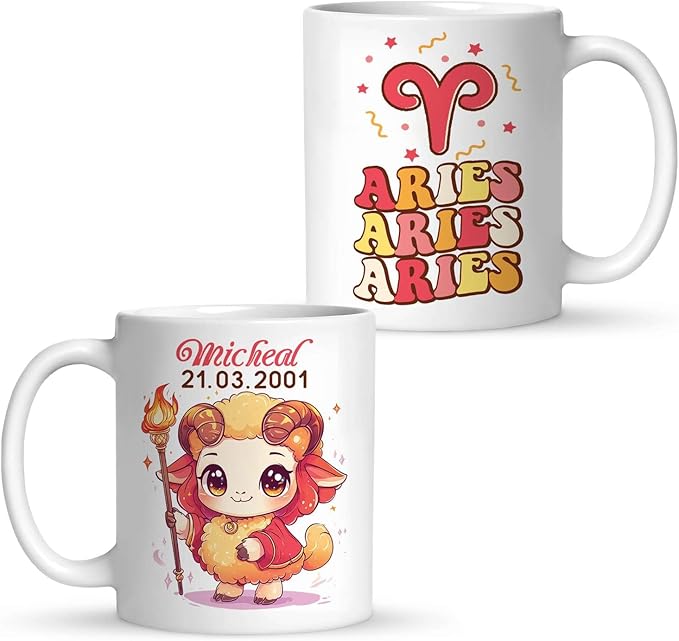1PCS Custom Name & Date Aries Zodiac Sign Coffee Mug, Horoscope Ceramic Cup 11oz 15oz, Personalized Aries Constellation White Mug, Gifts for Friends, Zodiac Themed Cup - Aries Mug for men