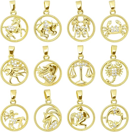 18K Gold Plated Zodiac Charms 12pcs Glitter Cubic Zirconia Brass Round Twelve Constellation Pendants for Making Jewelry Bracelets Necklace DIY Craft - Aries Necklace for men