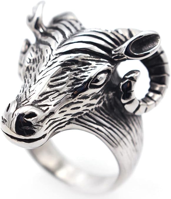 Men's Cool Animal Rings Vintage Stainless Steel Goat Head Aries Halloween Jewelry Band - Aries Ring for men