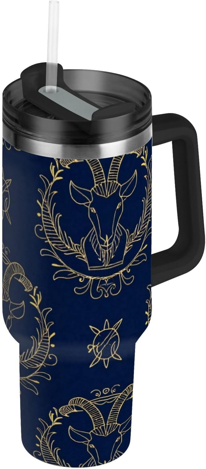 Gold Zodiac Sign Aries Navy Blue Vacuum Reusable Water Bottle Portable with Straw Leak Resistant Flip Decorative Coffee Mug With Lid for School, Sports, Daycare, Camp & More vasos para el cafe - Aries Mug for men