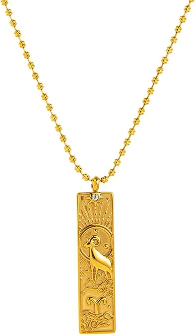 Gold Zodiac Sign Tarot Card Necklace for Women Men, Vintage Totem Pole Charm 12 Constellation Pendant Necklaces Trendy Astrology Horoscope Unisex Jewelry Birthday Gift - Aries for men