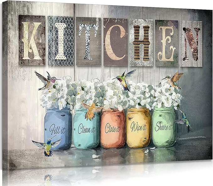 Framed Vintage Kitchen Canvas Wall Art Rustic Farmhouse Kitchen Picture Vibrant Mason Jar Floral Poster Print With Hummingbird And Motivational Phrase for Kitchen Dining Room Home Decor 16x12in - Pisces Home Decor for men