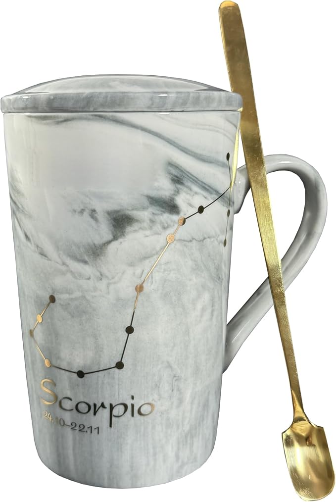 Ceramic Coffee Mug with Constellation Design - Sign Mug with Lid, Horoscope Coffee, Tea Cup - Comes in a Box & Spoon - Unique Birthday Astrology Lovers Gifts for Men and Women - Cancer - Aries Mug for men