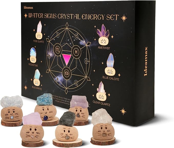 Healing Crystal Set, Cancer Scorpio Pisces Crystal Gift for Water Signs - 6 Zodiac Crystal Set with Handmade Cute Clay Bases and Zodica Set - Scorpio Sticker for men