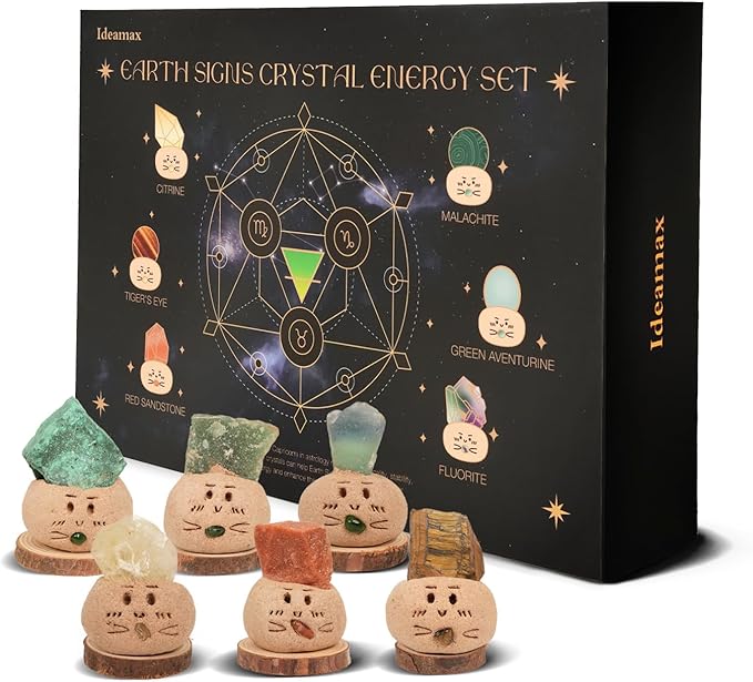 Healing Crystal Set, Taurus Virgo Capricorn Crystal Gift for Earth Signs - 6 Zodiac Crystal Set with Handmade Cute Clay Bases and Zodica Set - Taurus for men