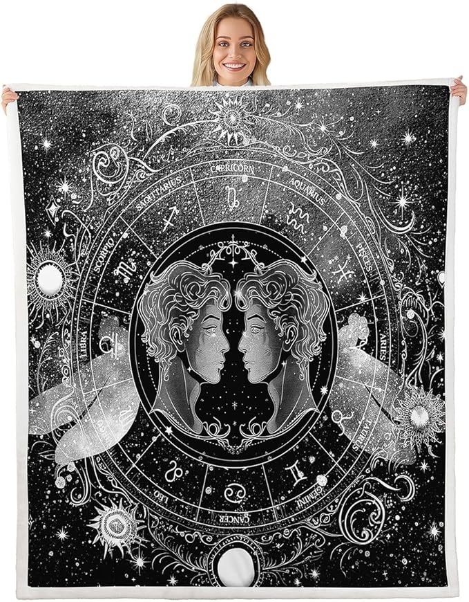 jejeloiu Gemini Fleece Throw Blanket Throw 50"x60" Boys Girls Constellation Sherpa Blanket Plush Fuzzy for Kids Horoscope Astrology Constellation Theme Room Decor - Gemini Blanket for men