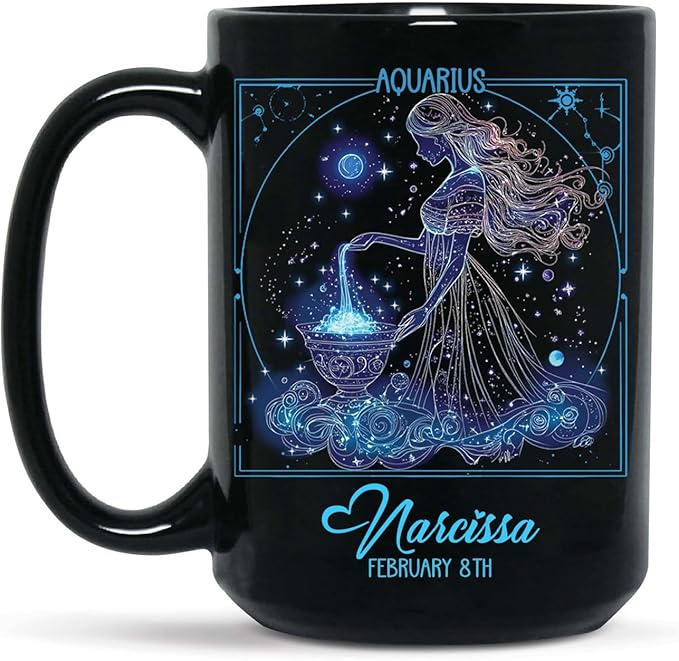 Personalized Aquarius Astrology Coffee Mug 11oz 15oz, Custom Name & Date Horoscope Black Cup, Aquarius Zodiac Ceramic Mug, Gifts for Him Her, Constellation Cup - Aquarius Mug for men