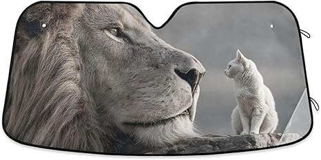 Car Windshield Sun Shade Tiny Cat Lion Print, Aluminum foil Layer Reflective Sun Visor for SUV Sedan S Size - Aries Car Ornament for men