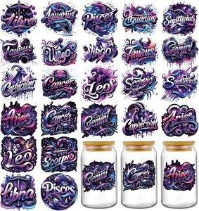 Zodiac UV DTF Stickers - 24 Sheets Purple Leo Sagittarius UV DTF Cup Wraps for 16 oz Glass Water Bottle, Libra Taurus Waterproof Transfer Sticker Decals DIY Tumbler Coffee Mug Craft Decoration - Taurus for men