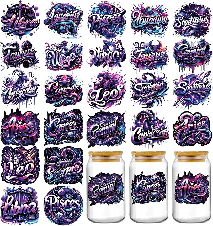 Zodiac UV DTF Stickers - 24 Sheets Purple Leo Sagittarius UV DTF Cup Wraps for 16 oz Glass Water Bottle, Libra Taurus Waterproof Transfer Sticker Decals DIY Tumbler Coffee Mug Craft Decoration - Taurus for men
