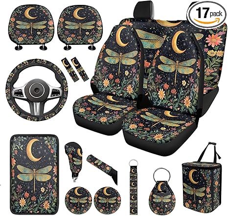 Moon Dragonfly Car Seat Cover Full Set 17 Pieces Cute Interior Accessories for Cars Head Rest Protector Keychains Armrest Pad Seat Belt Cover Hanging Vehicle Trash Bin,Fit for Most Truck SUV - Aries Car Seat Cover for men